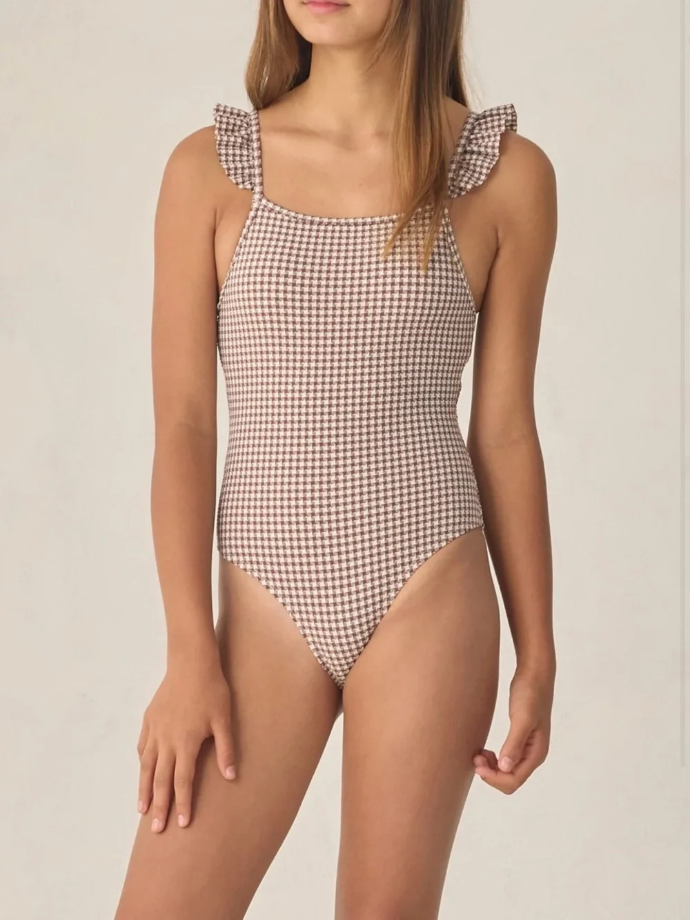 Rylee + Cru Brown Houndstooth Ruffle Strap One-Piece Swimsuit